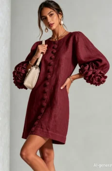Round Neck Shift Mini Dress With Floral Cuffs And Handmade Flower Buttons For Women Casual Daily Outfit