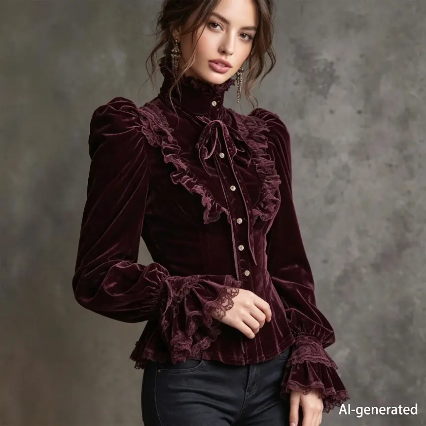 Burgundy Victorian Velvet Blouse Lace Ruffle High Neck Bow Puff Sleeve Gothic Top - Image 3