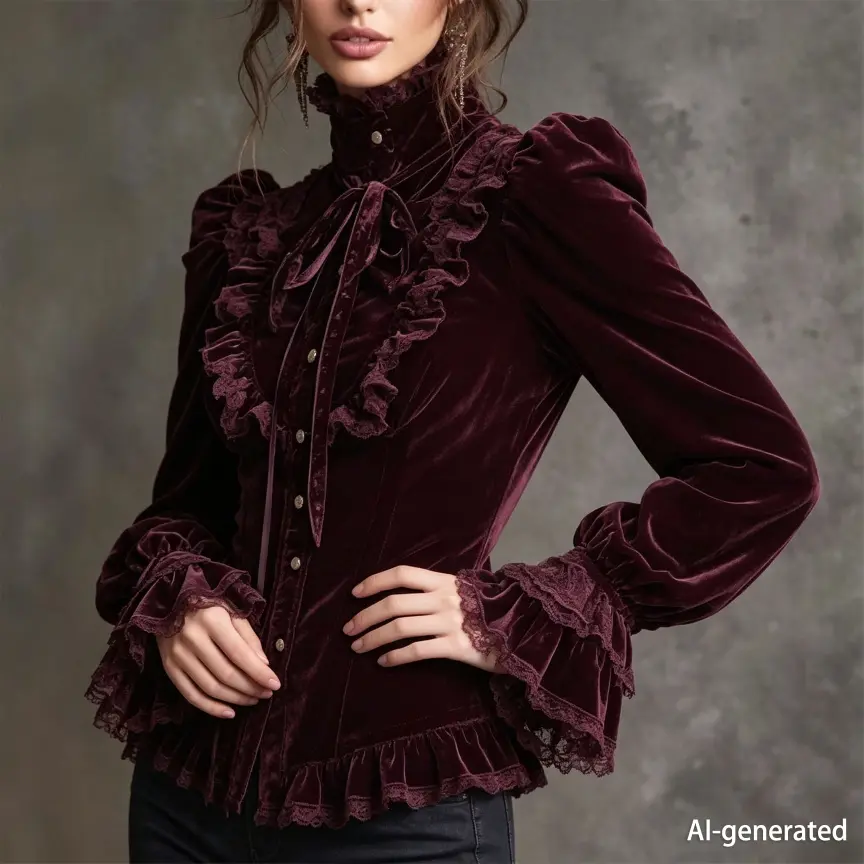 Burgundy Victorian Velvet Blouse Lace Ruffle High Neck Bow Puff Sleeve Gothic Top - Image 4