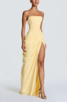 Ladies High Slit Draped Maxi Gown, Strapless Ruched Lace‑Up Back Formal Party Long Dress