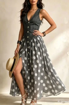 V Neck Sleeveless Dress With Contrast Polka Dot Print And Full Front Button Placket For Casual Occasions