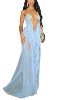 Women Rhinestone Halter Maxi Dress Cut Out Draped Sheer Mesh Long Formal Evening Gown