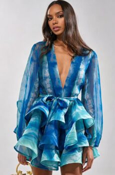 Bubble-sleeved, fitted-waist, tie-up, ruffled chiffon vacation dress