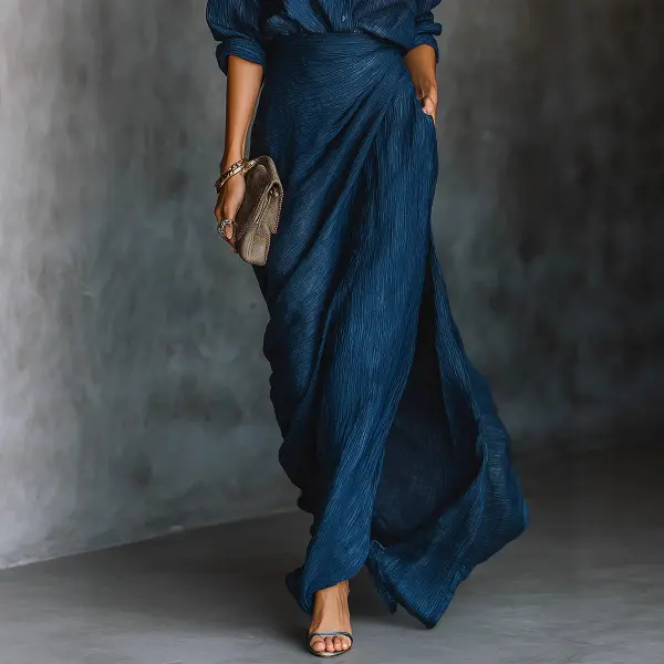 Elegant Dark Blue Cotton And Linen Blend Shirt Long Skirt Set - Image 5