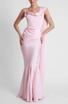 Ladies Satin Mermaid Long Gown One‑Shoulder Floral Draped Sash Formal Party Maxi Dress