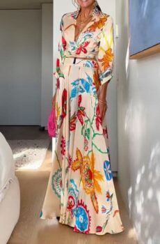 Long Sleeve Button Collar Crop Top And High Waist Maxi Skirt Set Featuring Allover Colorful Art Floral Pattern For Ladies