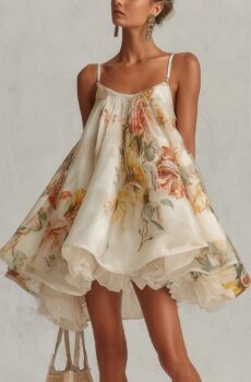 Spaghetti Strap Swing Mini Dress With Vintage Floral Print, Gathered Bust And Ruffled Layered Hem For Women Holiday Outfit