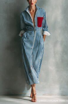 Collared Shirt Midi Dress With Vertical Stripes Contrast Red Pocket Long Rollable Sleeves And Front Button Placket For Women