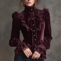 Burgundy Victorian Velvet Blouse Lace Ruffle High Neck Bow Puff Sleeve Gothic Top - Image 2