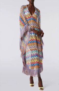 V Neck Kaftan Maxi Dress With Colorful Chevron Print Batwing Sleeves And Multi Edge Fringe Trim For Women Beach Outfit
