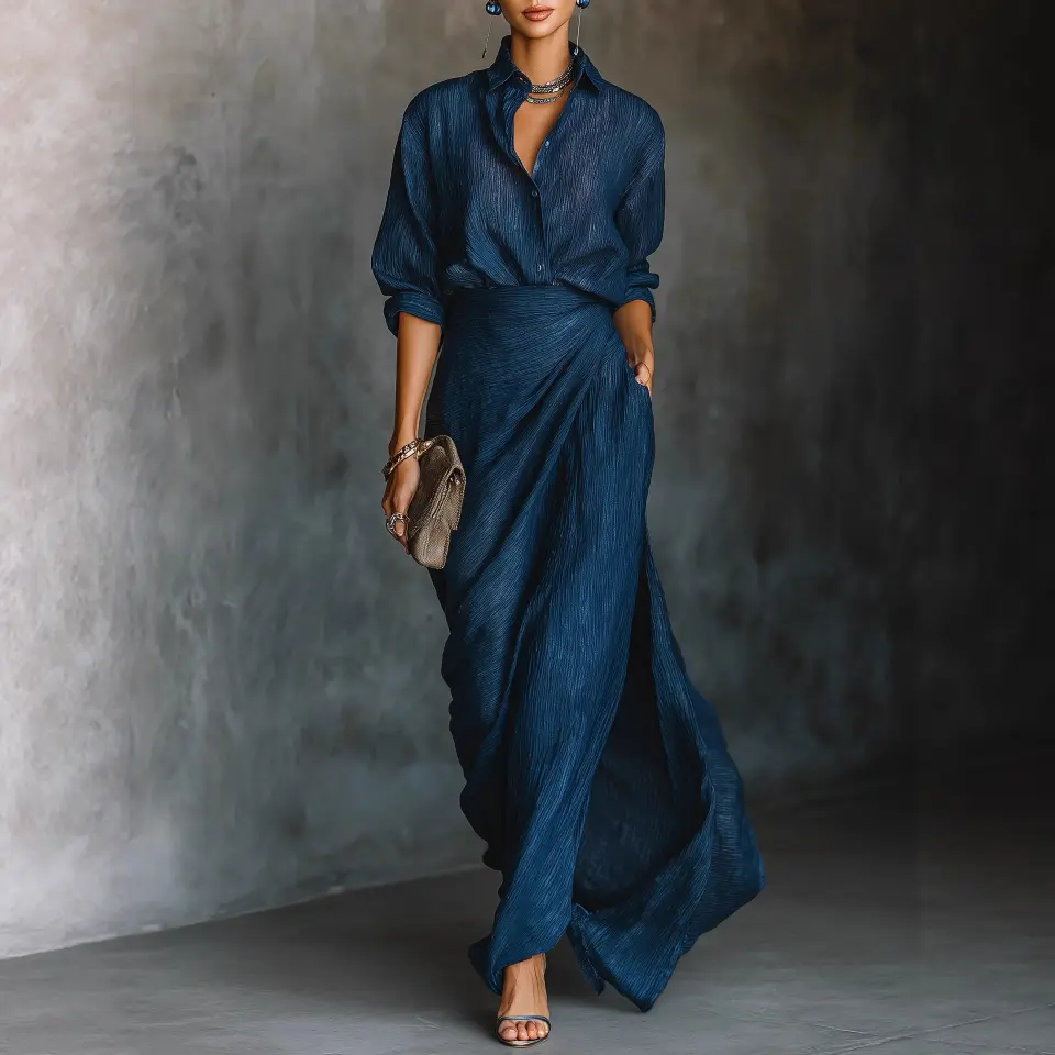 Elegant Dark Blue Cotton And Linen Blend Shirt Long Skirt Set - Image 2