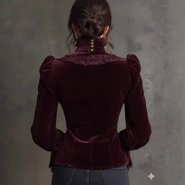 Burgundy Victorian Velvet Blouse Lace Ruffle High Neck Bow Puff Sleeve Gothic Top - Image 5