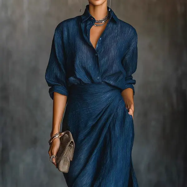 Elegant Dark Blue Cotton And Linen Blend Shirt Long Skirt Set - Image 3
