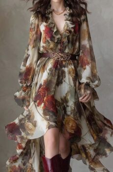 V Neck Ruffled Long Sleeve High Low Dress With Vintage Floral Print, Lantern Cuffs And Belted Waist