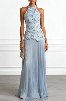 Halter Neck Maxi Evening Gown With Floral Appliqué Bodice Beaded Detail And Pleated Floor Length Skirt