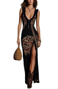 Bohemian-Style Printed Dress with Deep V-Neck and High Slit