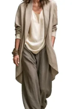 Women Linen 2 Piece Outfit, Open Front Draped Long Cardigan Jacket & Wide Leg Trousers Set Casual Loose Lagenlook Old Money