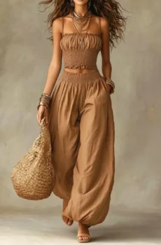 Bohemian 2 Piece Outfit Set Spaghetti Strap Smocked Crop Top & Elastic Waist Harem Wide Leg Pants