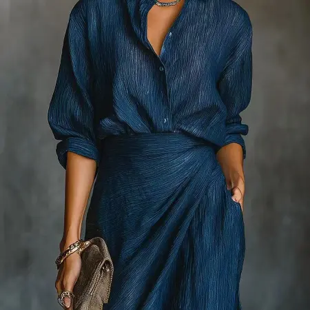 Elegant Dark Blue Cotton And Linen Blend Shirt Long Skirt Set - Image 4