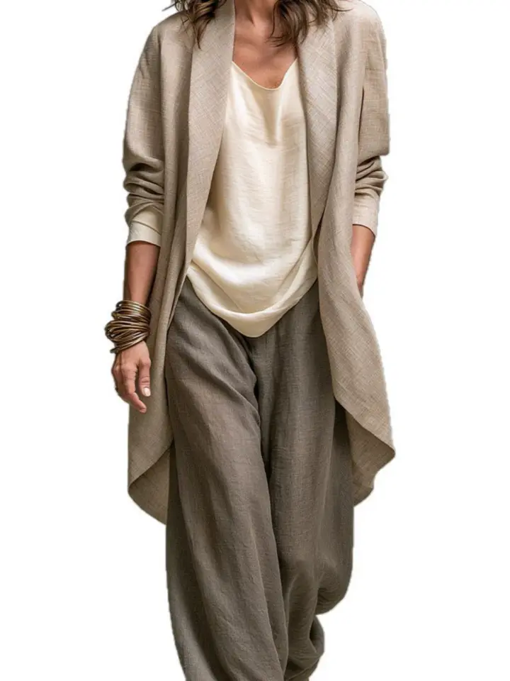 Women Linen 2 Piece Outfit, Open Front Draped Long Cardigan Jacket & Wide Leg Trousers Set Casual Loose Lagenlook Old Money