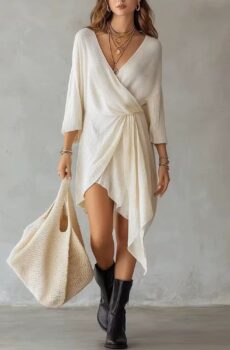 Deep V Wrap Mini Dress With Three Quarter Sleeves, Side Knot Detail And Irregular Hanky Hem For Women Casual Outfit