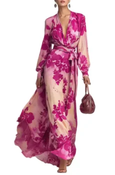 Ladies Tie Waist Wrap Maxi Gown V‑Neck Floral Print Bishop Long Sleeve Flowy Party Dress