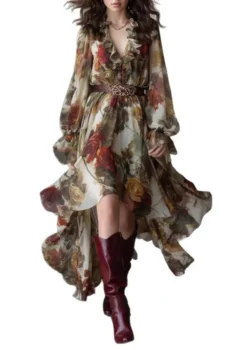 V Neck Ruffled Long Sleeve High Low Dress With Vintage Floral Print, Lantern Cuffs And Belted Waist