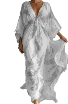 Deep V Neck Flowy Maxi Dress With Feather Print And Kimono Sleeves For Women Bohemian Occasion Outfit