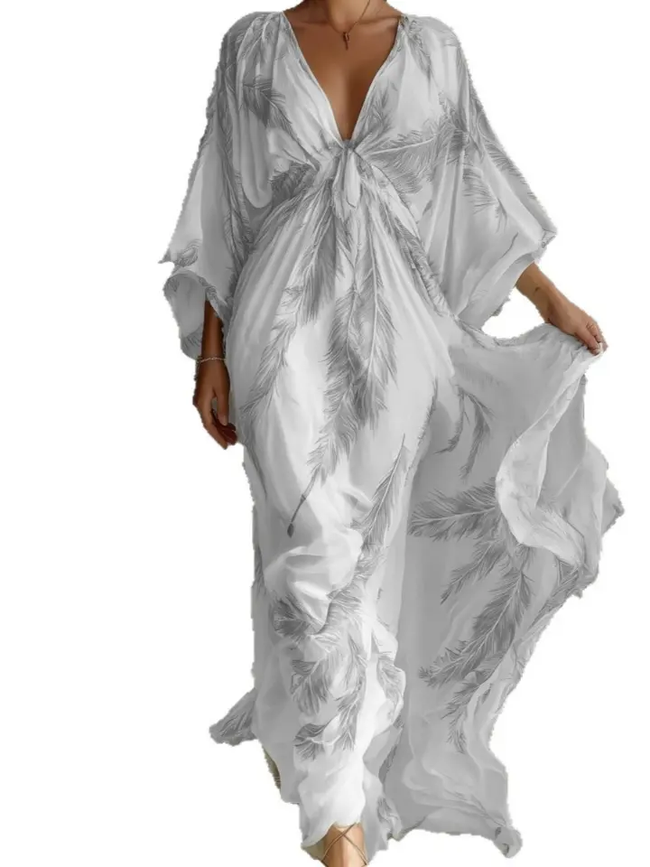 Deep V Neck Flowy Maxi Dress With Feather Print And Kimono Sleeves For Women Bohemian Occasion Outfit