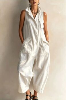 Stand Collar Sleeveless Jumpsuit With Multi Cargo Pockets And Loose Cropped Harem Pants For Women