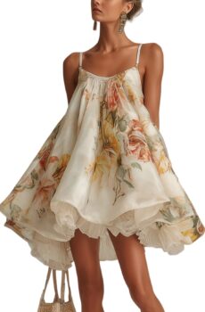Spaghetti Strap Swing Mini Dress With Vintage Floral Print, Gathered Bust And Ruffled Layered Hem For Women Holiday Outfit