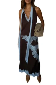 ELEGANT BROWN AND BLUE LACE PANELTOP + SKIRT SUIT SET
