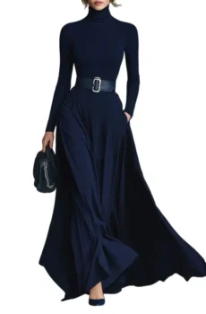 Dark Blue Knitted High-neck Dress（No belt）