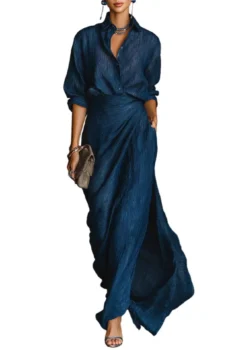 Elegant Dark Blue Cotton And Linen Blend Shirt Long Skirt Set