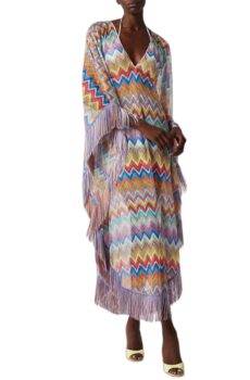 V Neck Kaftan Maxi Dress With Colorful Chevron Print Batwing Sleeves And Multi Edge Fringe Trim For Women Beach Outfit