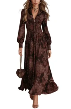 Brown Paisley Zippered Waist Maxi Dress