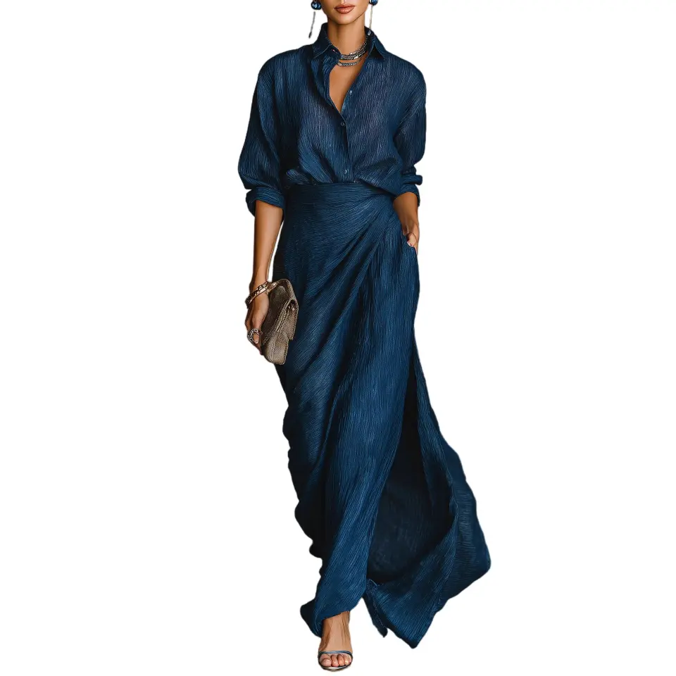 Elegant Dark Blue Cotton And Linen Blend Shirt Long Skirt Set