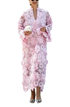 Stand Collar Maxi Dress Three Dimensional Flower Appliques And Flared Cuff Long Sleeves Placket For Women Elegant Street Outfit