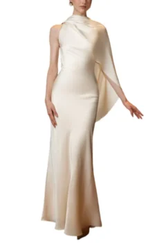 Women Asymmetric Cape Sleeve Maxi Dress Halter Neck Satin Mermaid Formal Long Evening Gown