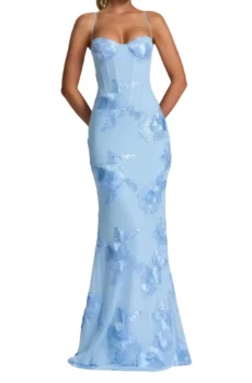 Halter Neck Maxi Evening Gown With Floral Appliqué Bodice Beaded Detail And Pleated Floor Length Skirt
