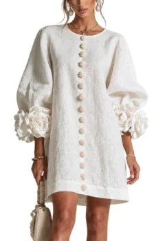 Round Neck Shift Mini Dress With Floral Cuffs And Handmade Flower Buttons For Women Casual Daily Outfit