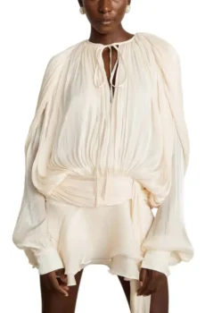 Women Long Sleeve Tie Neck Outfit Hollow Front Blouse With Flounce Mini Two Piece Dress Set
