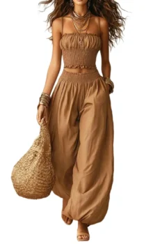 Bohemian 2 Piece Outfit Set Spaghetti Strap Smocked Crop Top & Elastic Waist Harem Wide Leg Pants