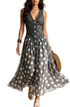 V Neck Sleeveless Dress With Contrast Polka Dot Print And Full Front Button Placket For Casual Occasions