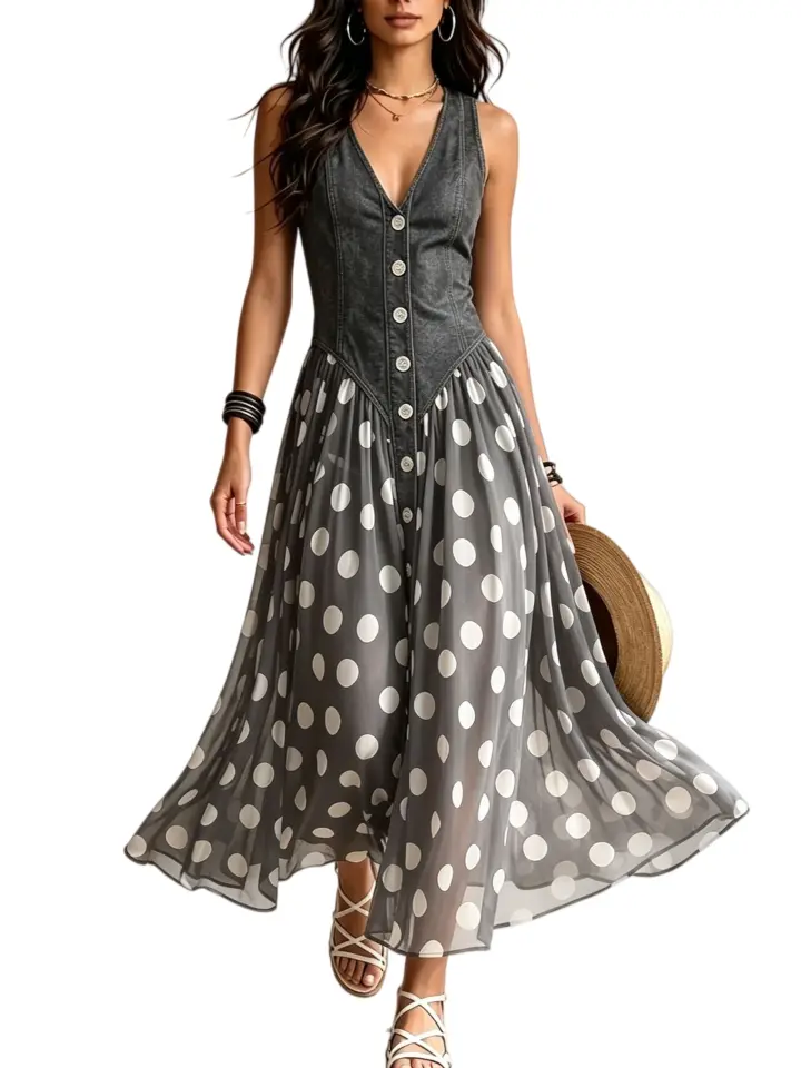 V Neck Sleeveless Dress With Contrast Polka Dot Print And Full Front Button Placket For Casual Occasions