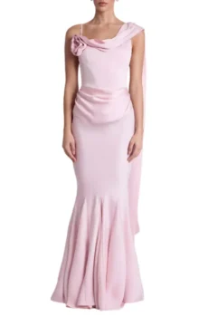 Ladies Satin Mermaid Long Gown One‑Shoulder Floral Draped Sash Formal Party Maxi Dress