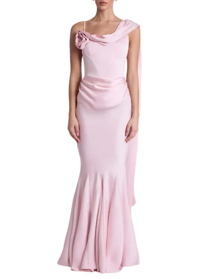 Ladies Satin Mermaid Long Gown One‑Shoulder Floral Draped Sash Formal Party Maxi Dress