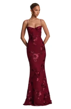 Women Spaghetti Strap Sweetheart Maxi Dress Floral Applique Mermaid Formal Evening Gown