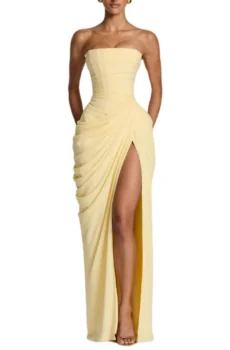 Ladies High Slit Draped Maxi Gown, Strapless Ruched Lace‑Up Back Formal Party Long Dress