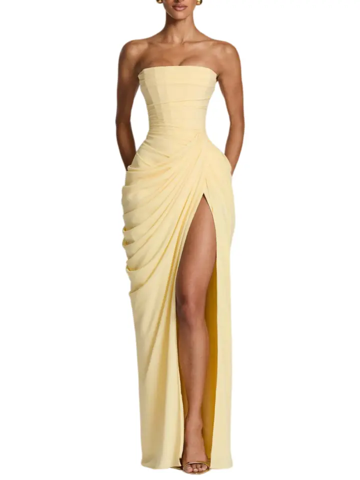 Ladies High Slit Draped Maxi Gown, Strapless Ruched Lace‑Up Back Formal Party Long Dress